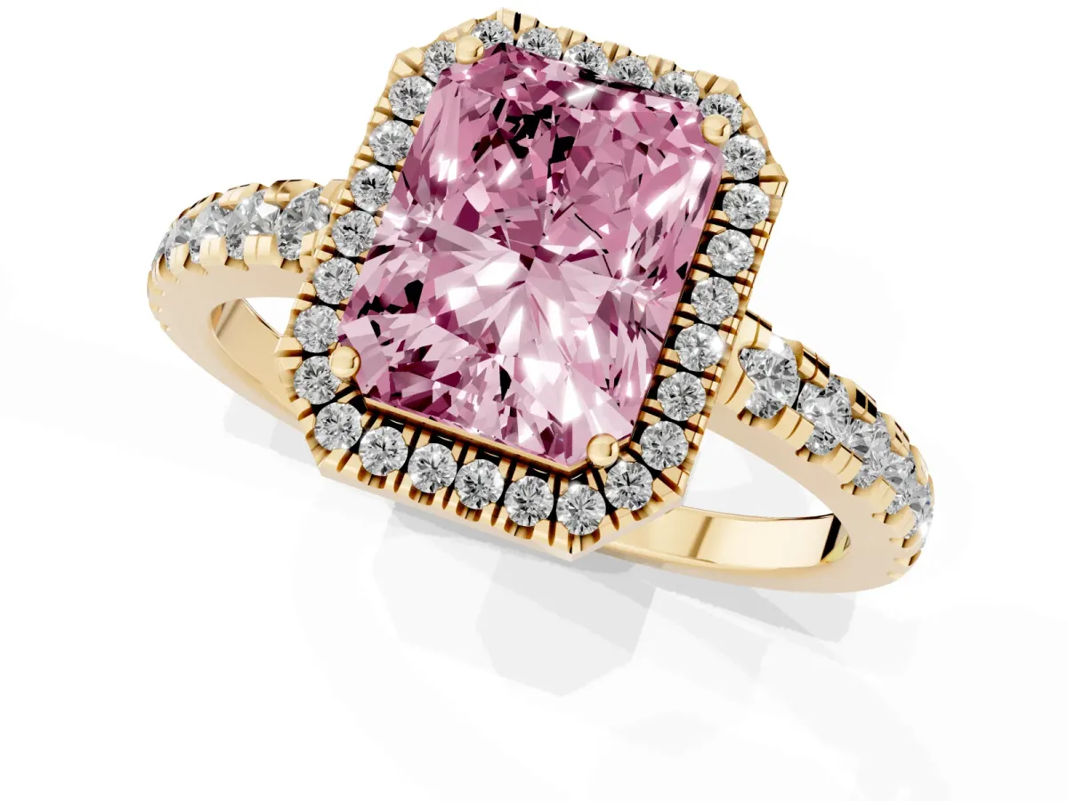 Fancy Pink Radiant Cut Diamond Halo Ring with Pavé Band and Four-Prong Setting Yellow gold