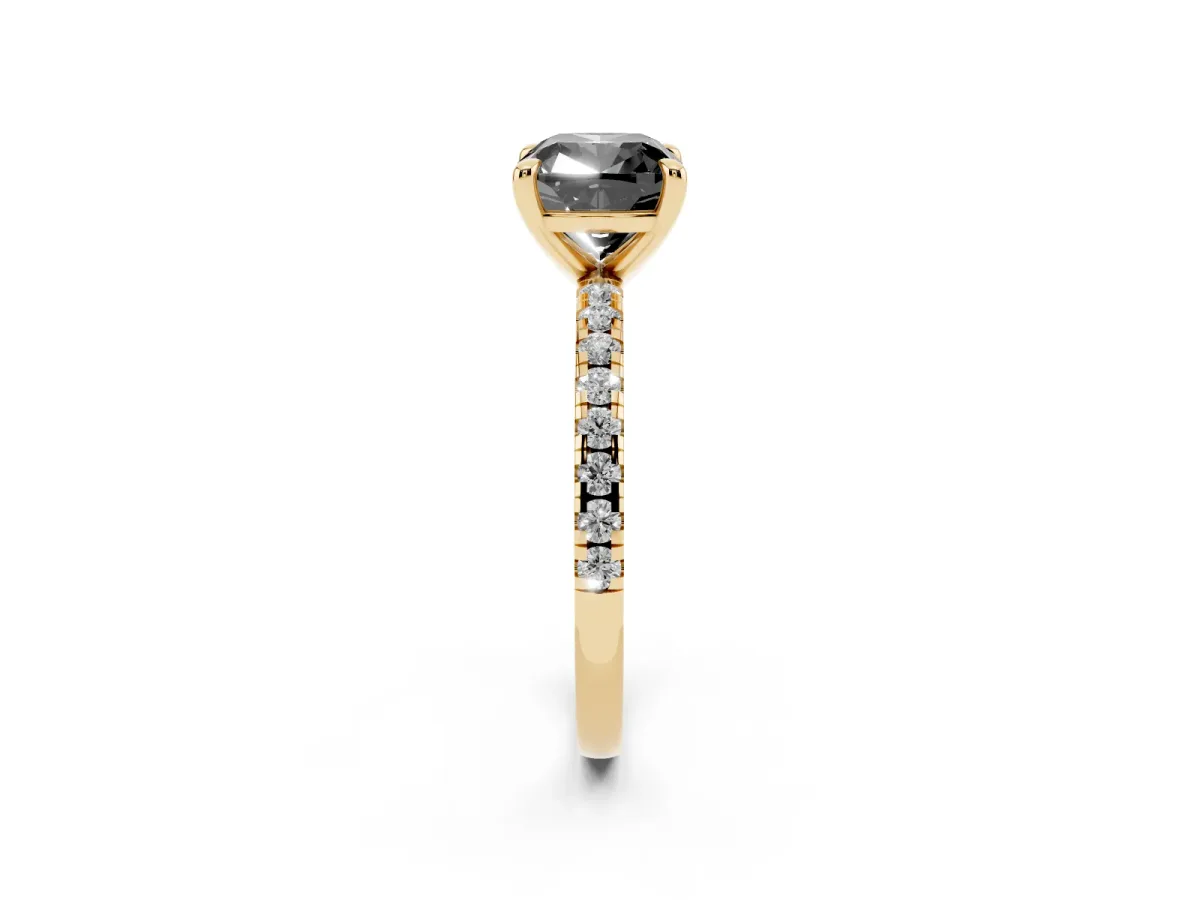 Fancy Black Cushion Cut Diamond Brilliant Solitaire Ring with Pavé Band and Four-Prong Setting Yellow gold