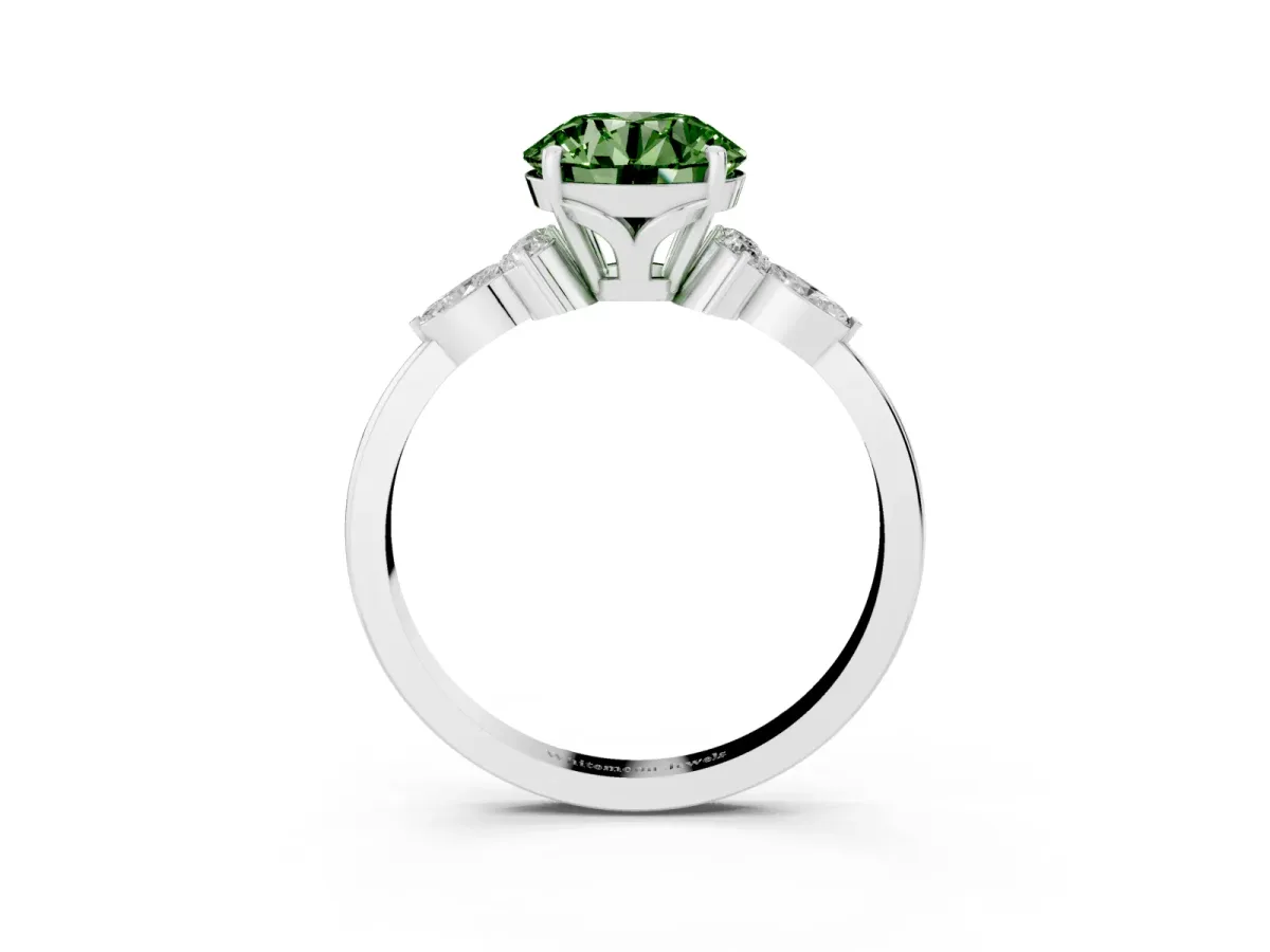 Fancy Green Round Cut Brilliant Diamond Solitaire Ring with Pear Side Stones and Four-Prong Setting Silver