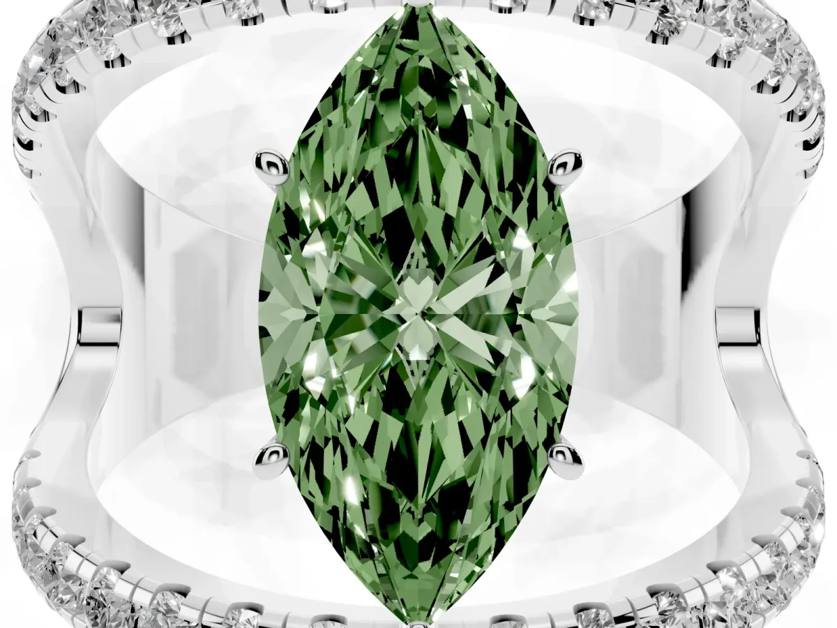 Fancy Green Marquise Cut Solitaire Split Shank Pave Diamond Ring Silver