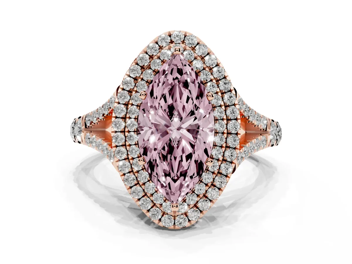 Fancy Pink Marquise Cut Diamond Pavé Split Shank Double Halo Engagement Ring Rose gold