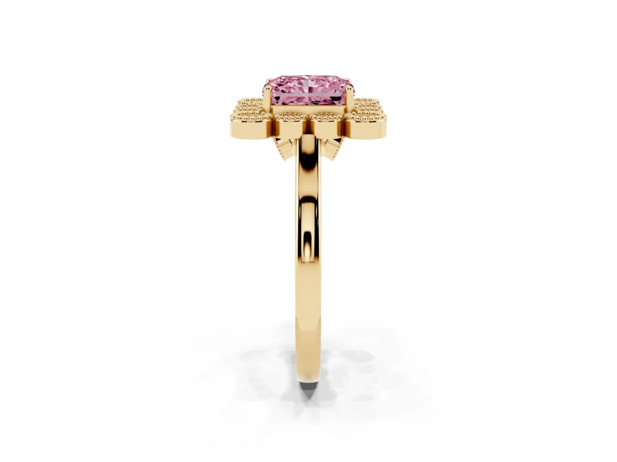 Fancy Pink Radiant Cut Halo Diamond Cluster Engagement Ring with Milgrain Bezel Setting and Solitaire Band Yellow gold