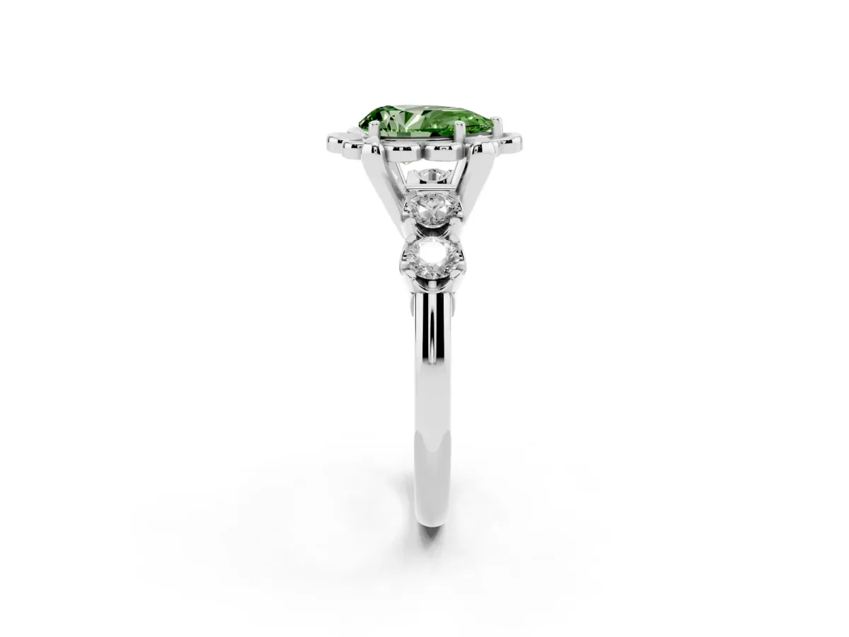 Fancy Green Pear Cut Cut Diamond Floral Halo Engagement Ring with Shared Prong Setting Silver