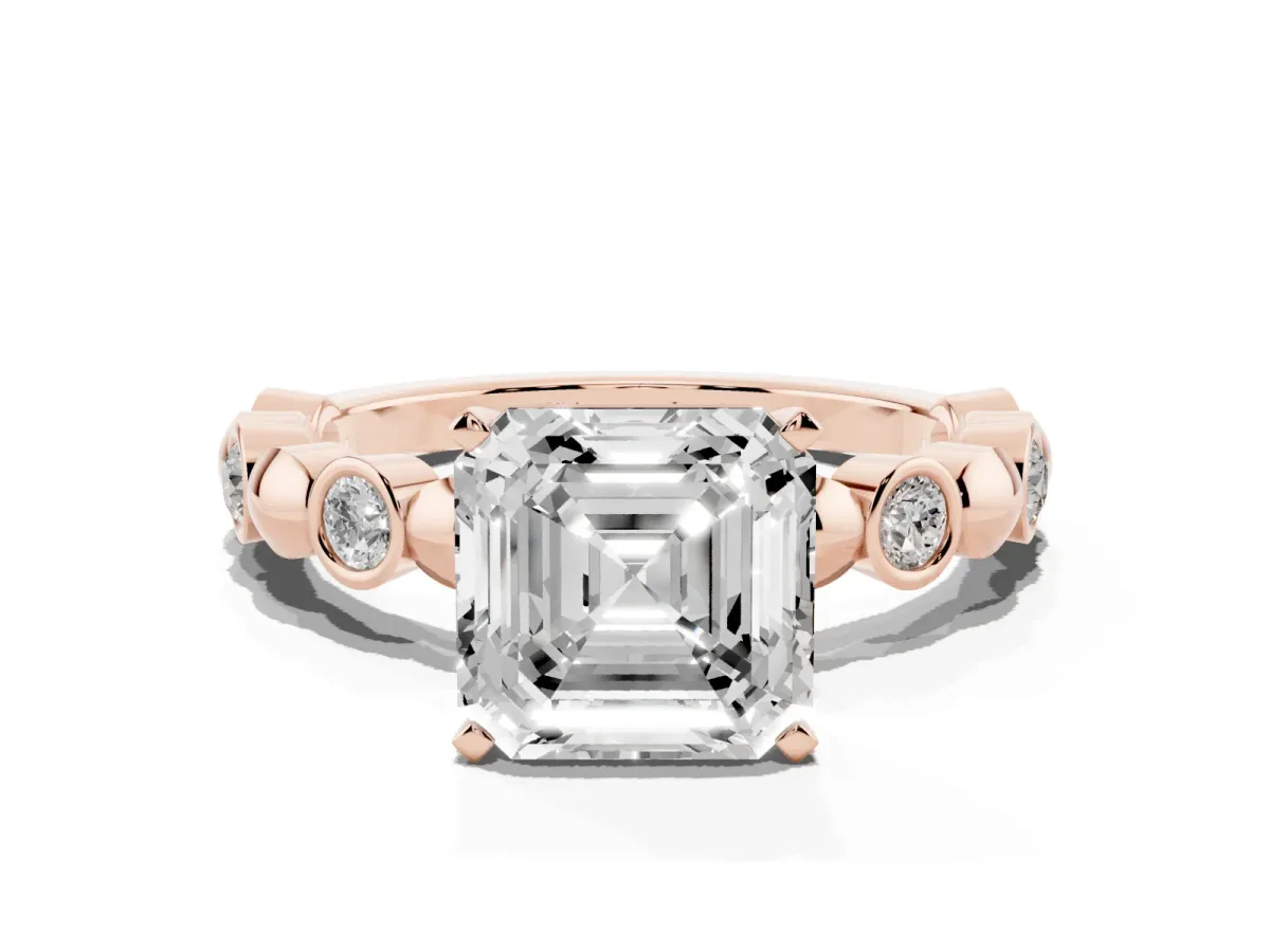 Asscher Cut Solitaire Bezel-Set Diamond Ring with Beaded Band and Four-Prong Setting Rose gold