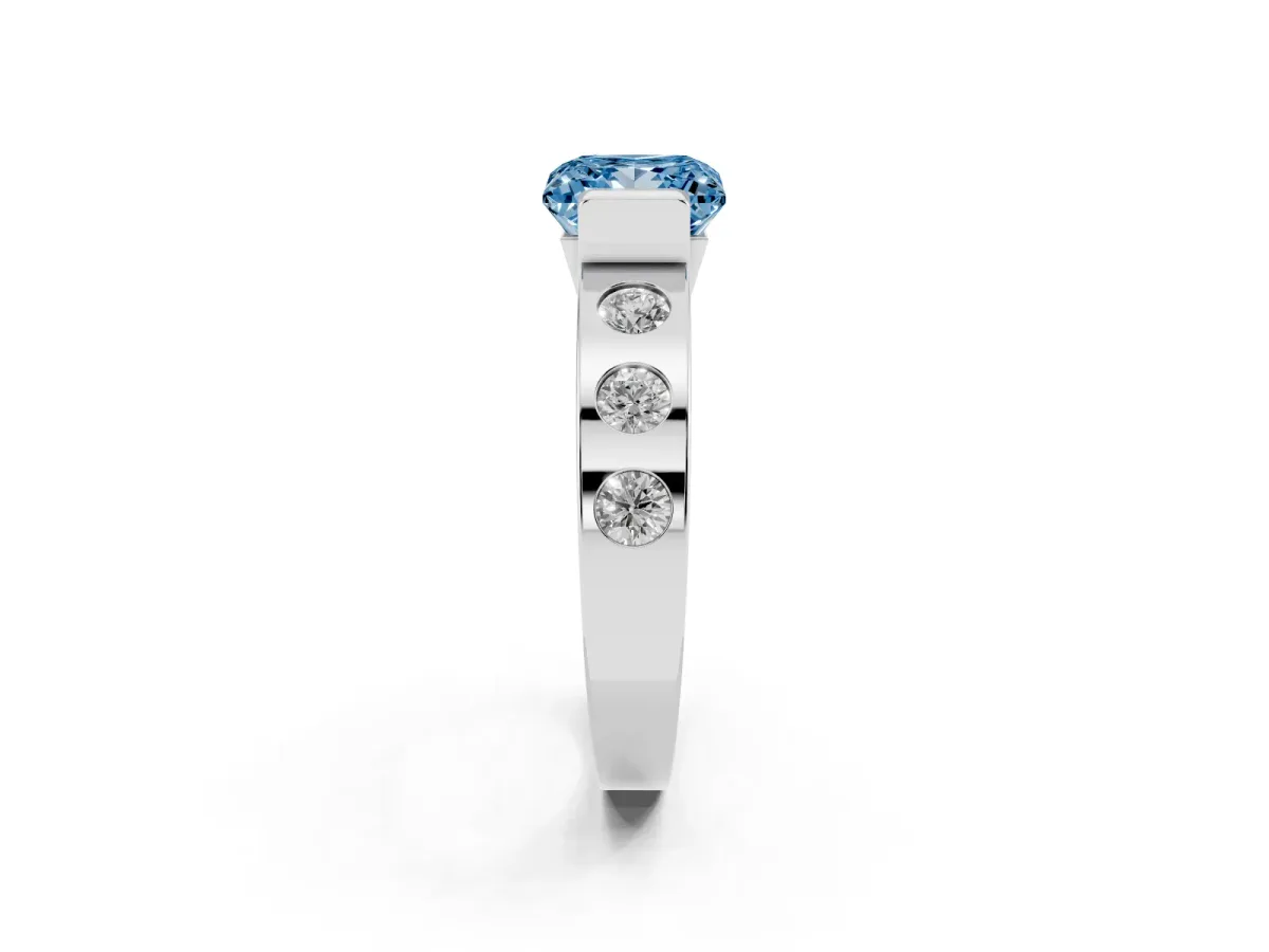 Fancy Blue Princess Cut Brilliant Channel-Set Diamond Ring with Bezel Prong Setting Silver
