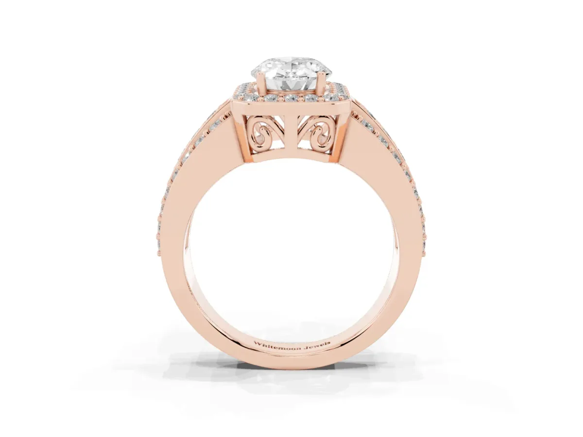 Oval Cut Halo Diamond Ring with Round Split Shank and Prong Setting Rose gold
