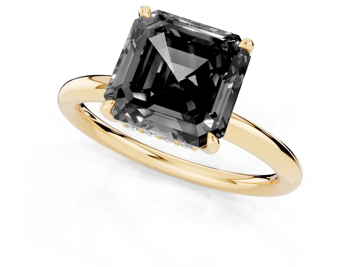 Fancy Black Asscher Cut Diamond Solitaire Ring with Thin Band and Four-Prong Setting Yellow gold