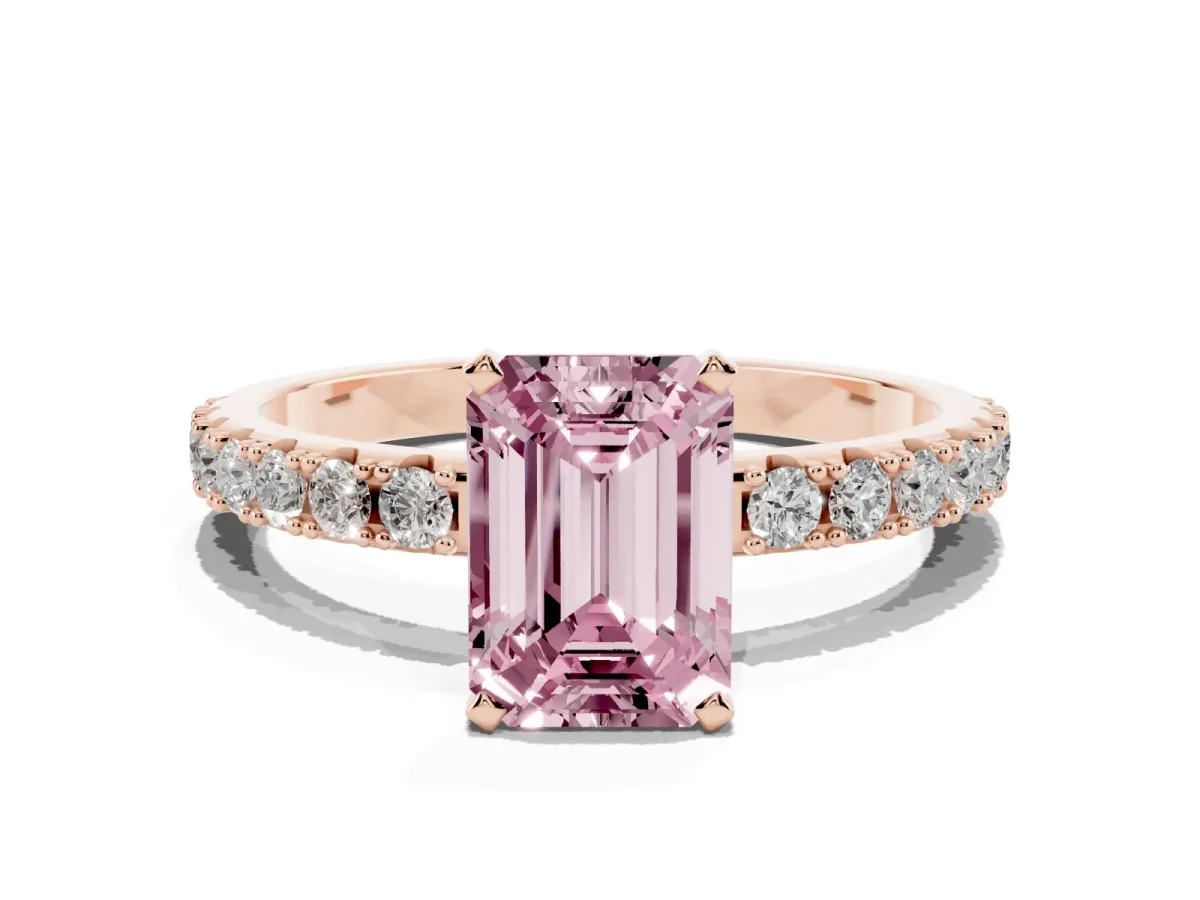 Fancy Pink Emerald Cut Diamond Solitaire Pavé Band with Four-Prong Setting Rose gold