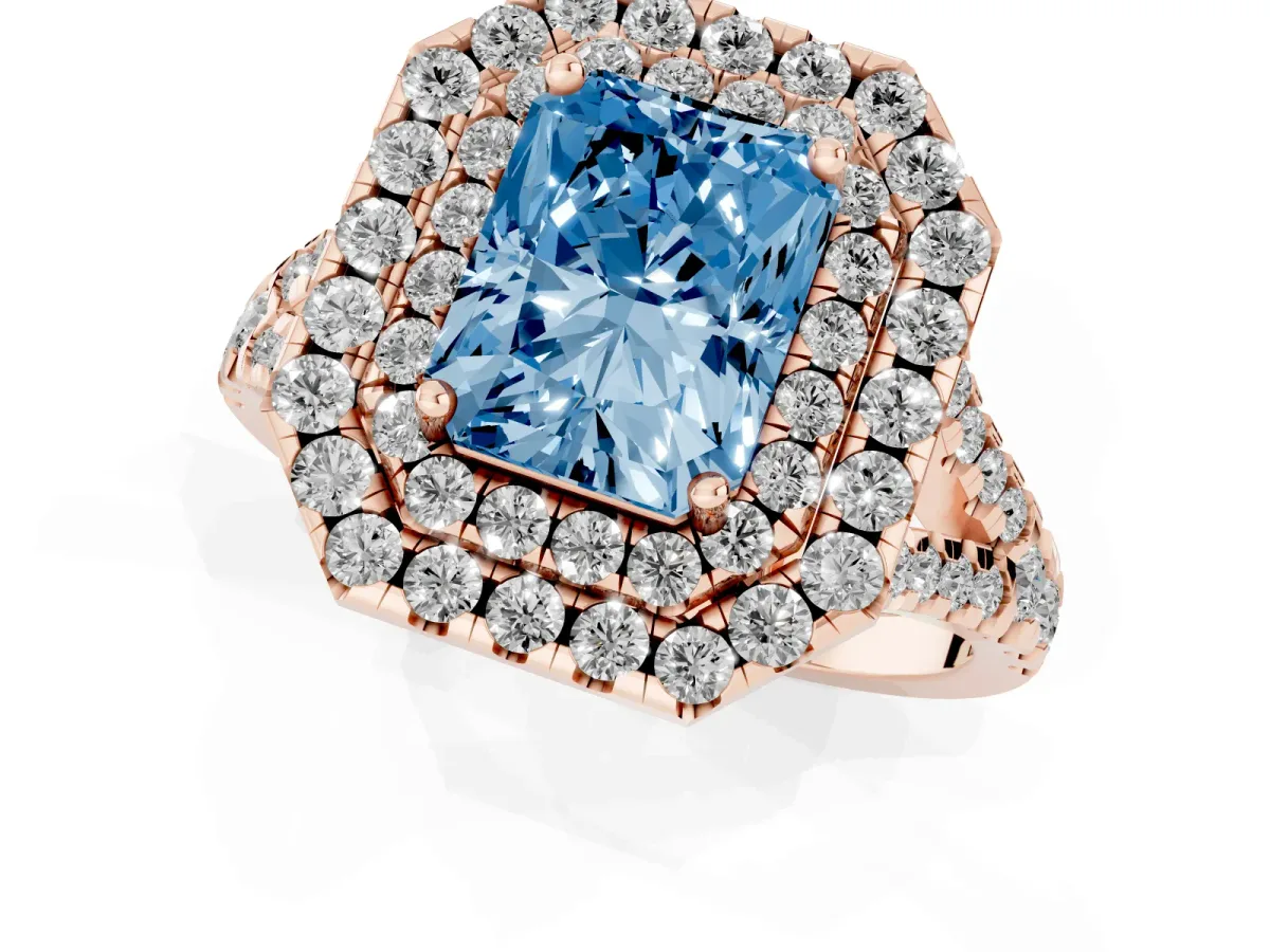 Fancy Blue Double Halo Radiant Cut Diamond Pavé Split Shank Ring with Prong Setting Rose gold