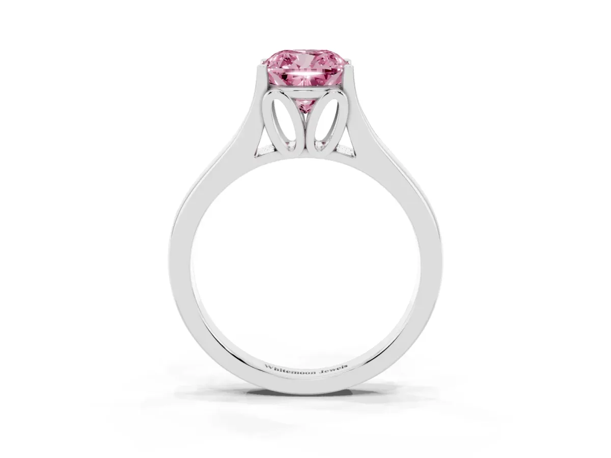 Fancy Pink Cushion Cut Solitaire Diamond Ring with Cathedral Band and Four-Prong Setting Silver