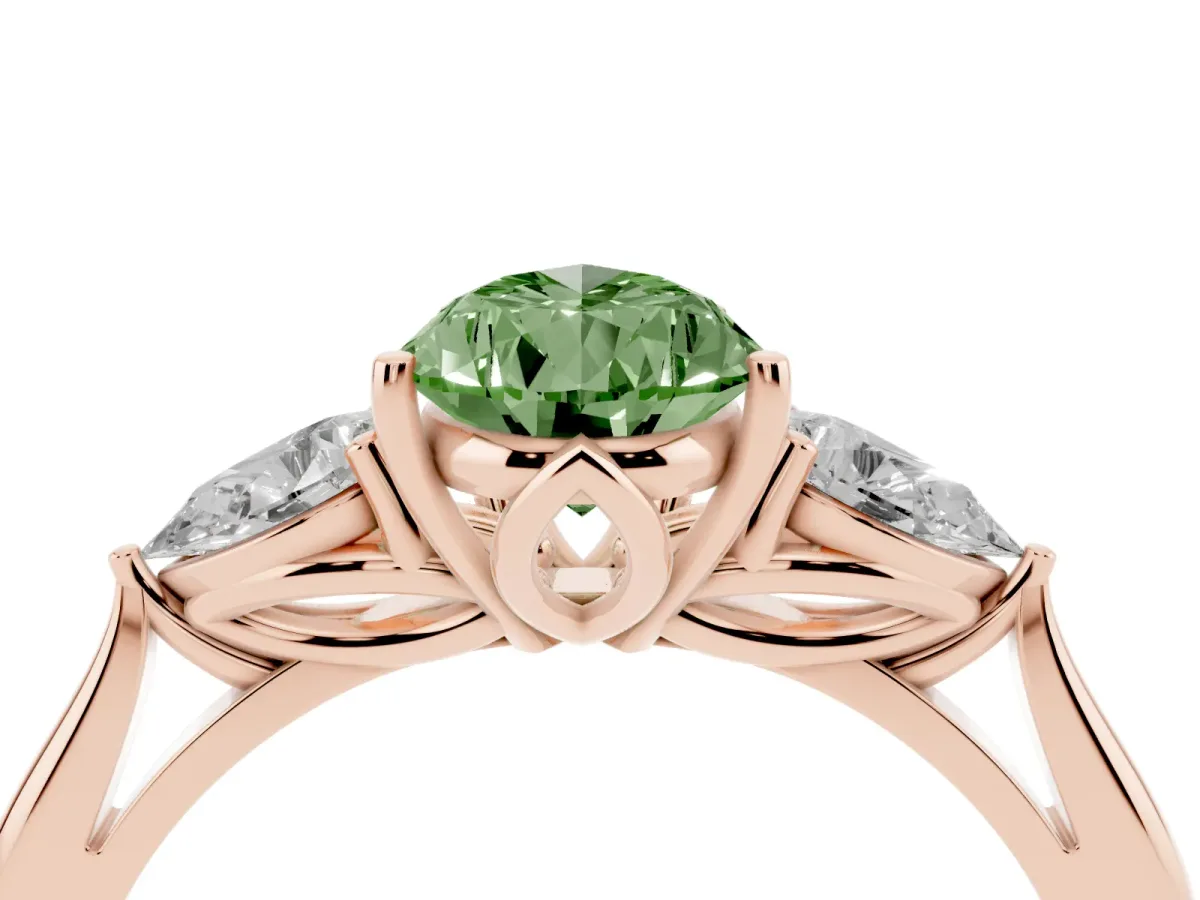 Fancy Green Three-Stone Pear Cut Brilliant Diamond Solitaire Ring with Tapered Band and Four-Prong Setting Rose gold