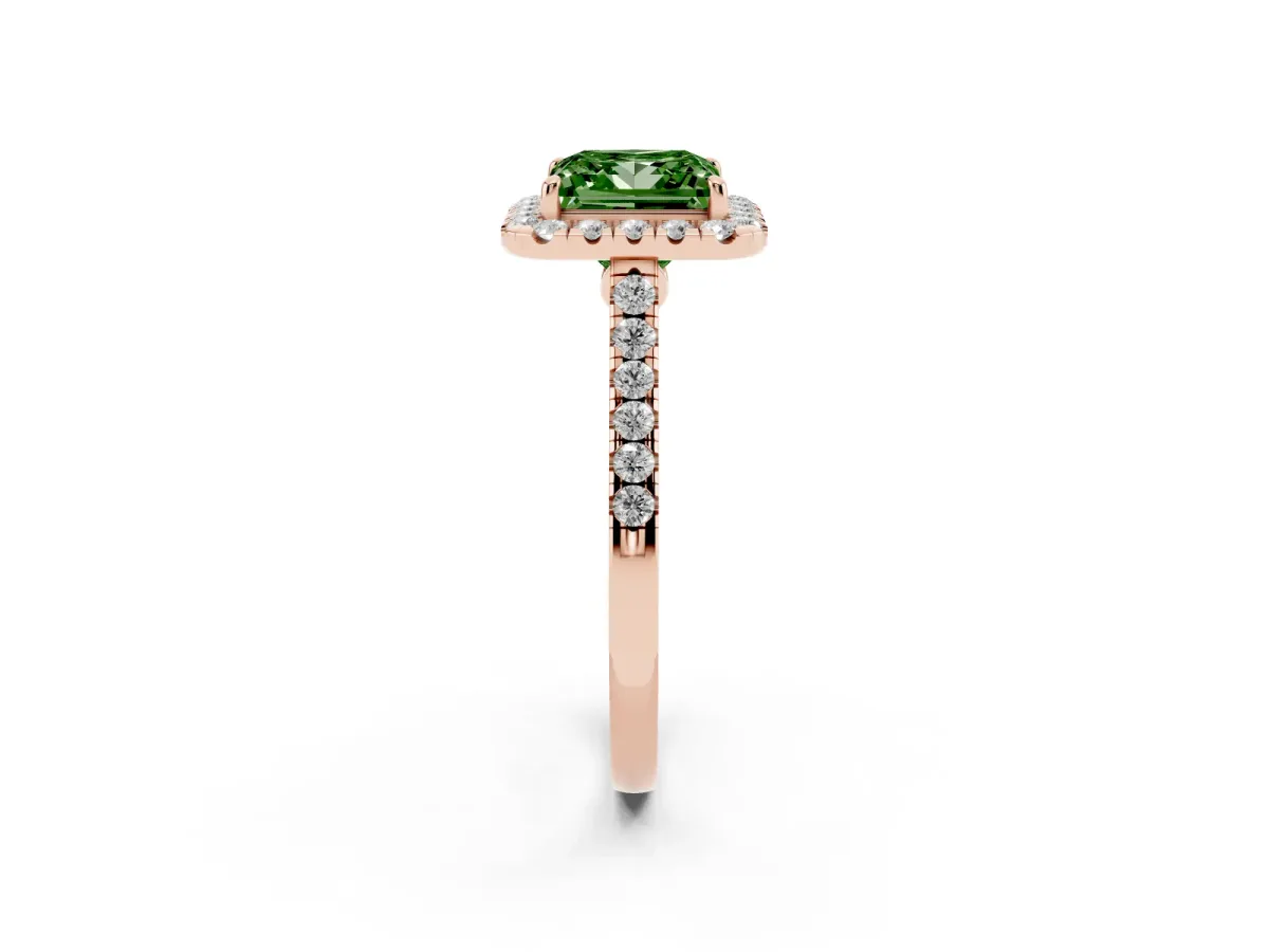 Fancy Green Princess Cut Halo Pave Diamond Engagement Ring with Four-Prong Setting Rose gold