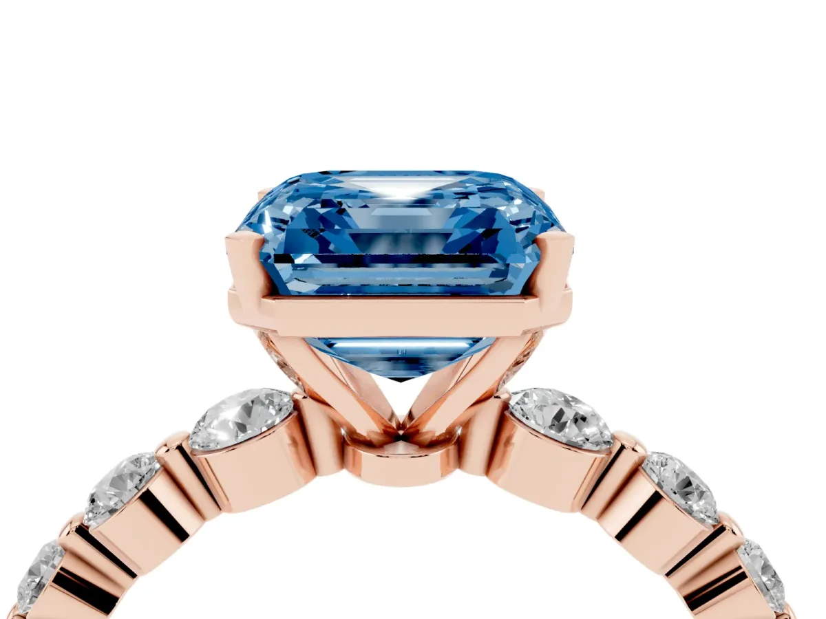 Fancy Blue Asscher Cut Solitaire Diamond Ring with Pave Band and Four-Prong Setting Rose gold