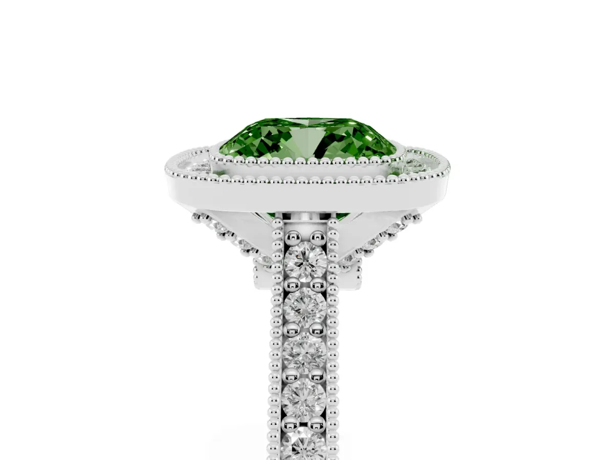 Fancy Green Halo Cushion Cut-Cut Diamond Pave Band Milgrain Prong Setting Ring Silver
