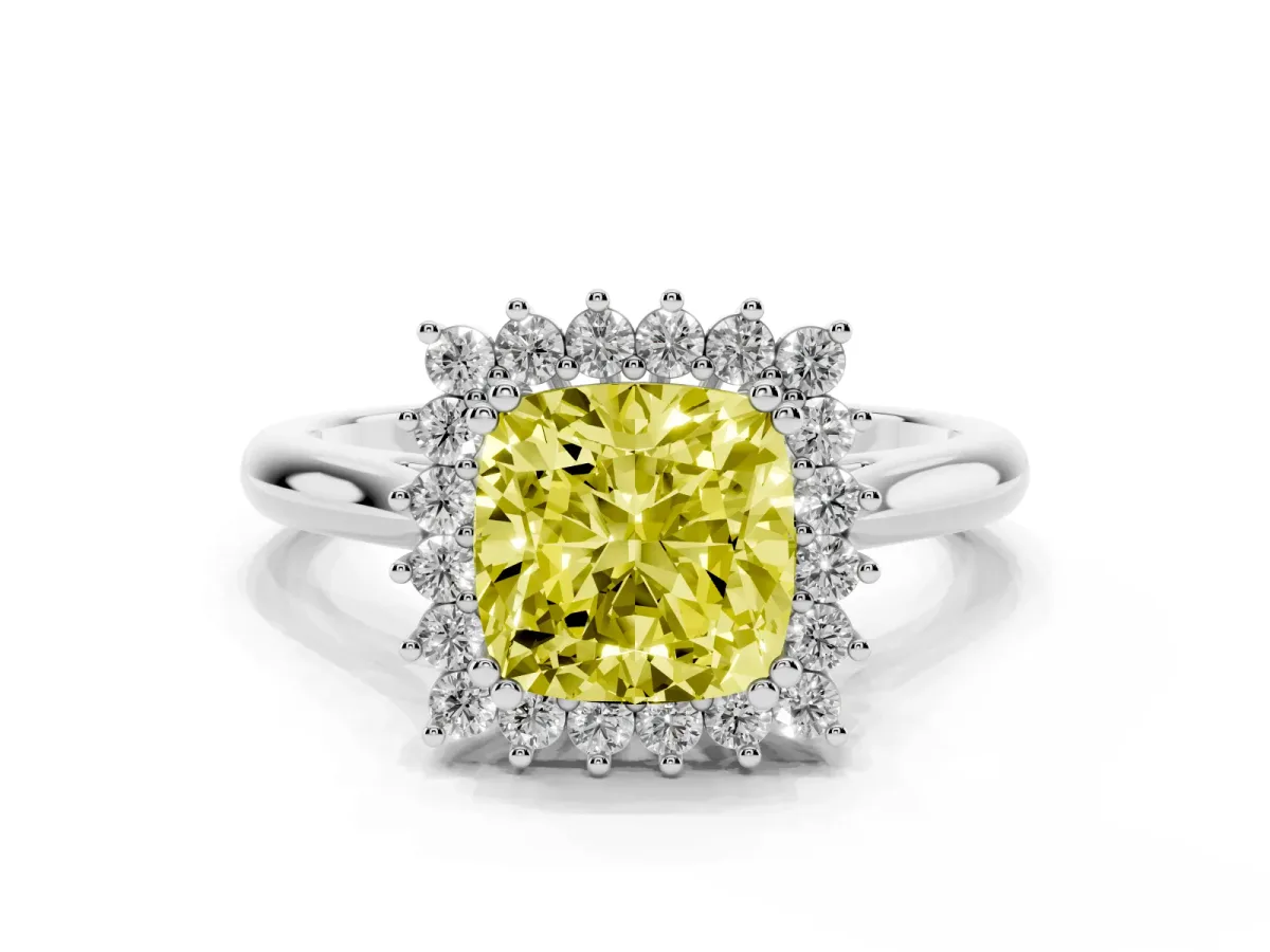 Fancy Yellow Cushion Cut Cut Diamond Halo Ring with Solitaire Band and Prong Setting White gold