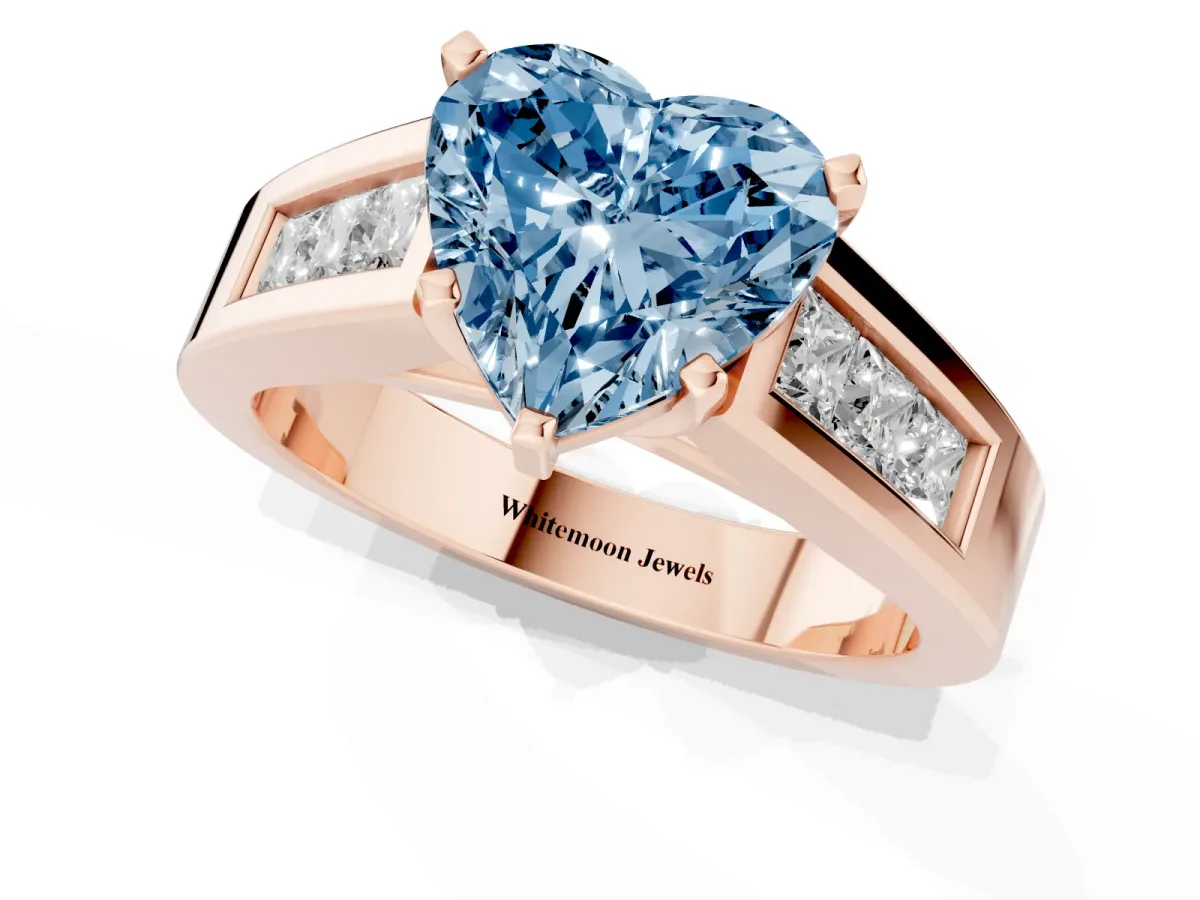 Fancy Blue Heart Cut Cut Channel Set Solitaire Ring with Four-Prong Setting Rose gold