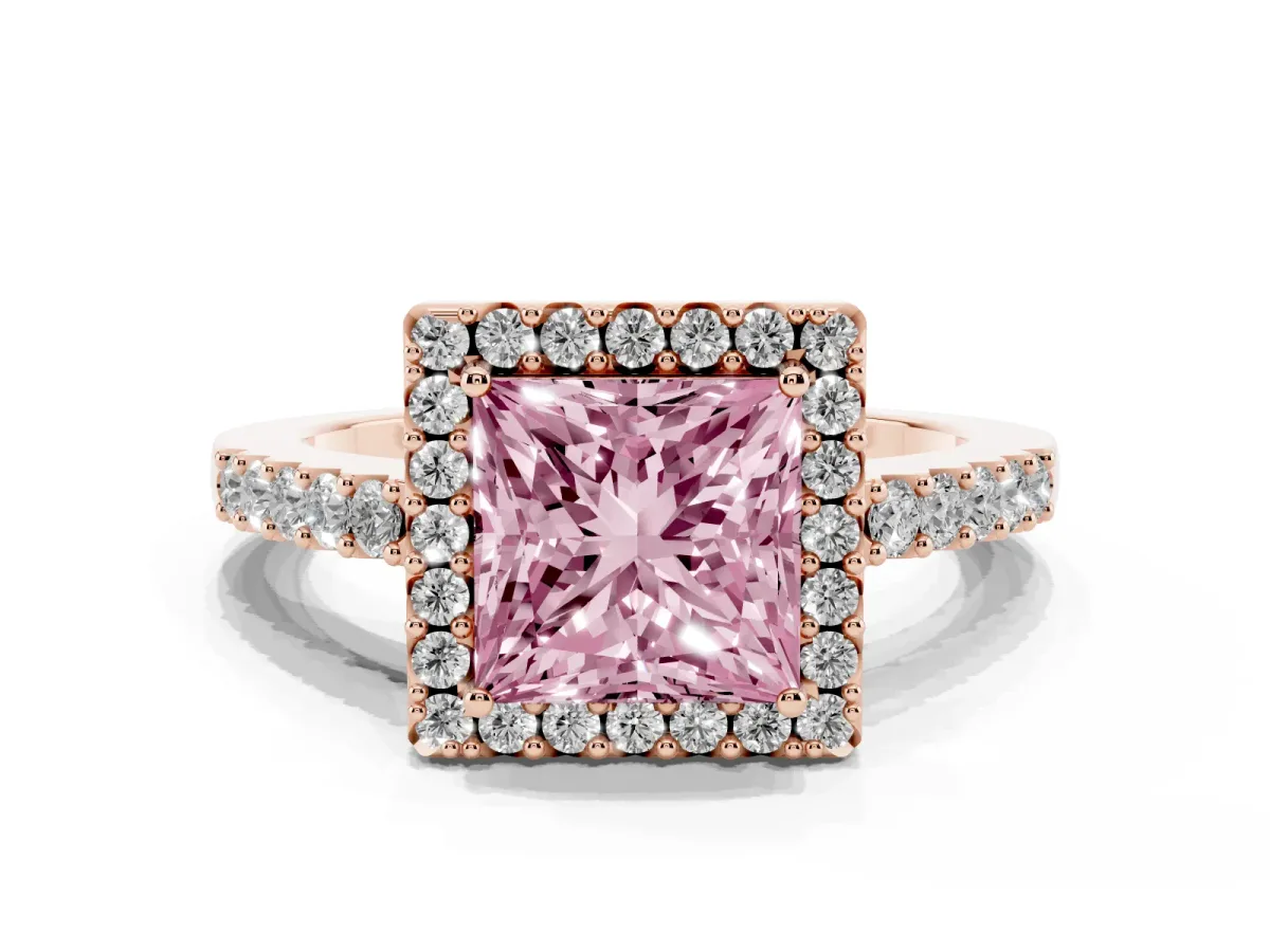 Fancy Pink Princess Cut Halo Diamond Pavé Solitaire Ring Rose gold