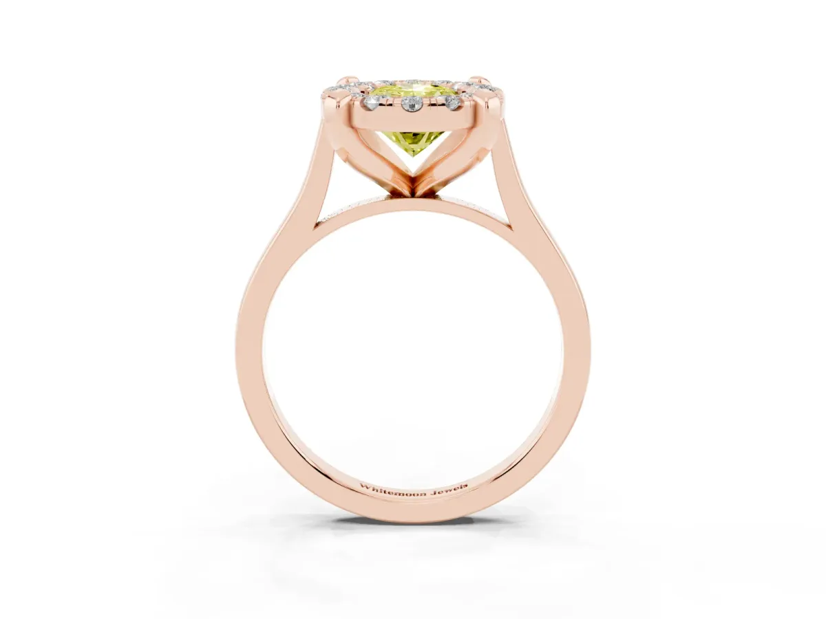 Fancy Yellow Oval Cut Diamond Cluster Halo Solitaire with Four-Prong Setting Rose gold