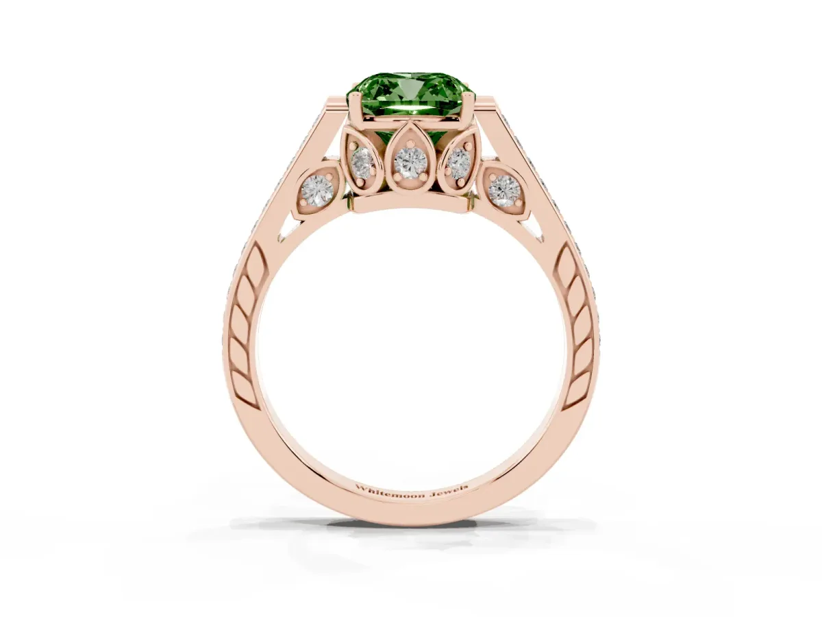 Fancy Green Cushion Cut Cut Cathedral Pave Diamond Engagement Ring with Six-Prong Setting Rose gold