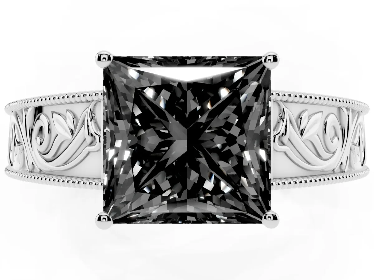 Fancy Black Princess Cut Diamond Solitaire Ring with Engraved Band and Four-Prong Setting Silver