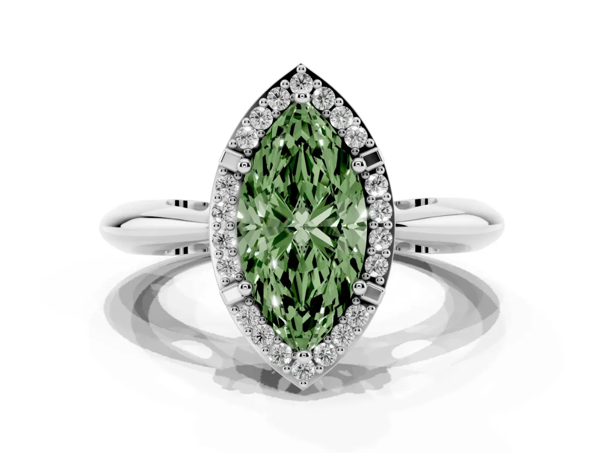 Fancy Green Marquise Cut Cut Diamond Halo Engagement Ring with Split Shank and Four-Prong Setting Silver