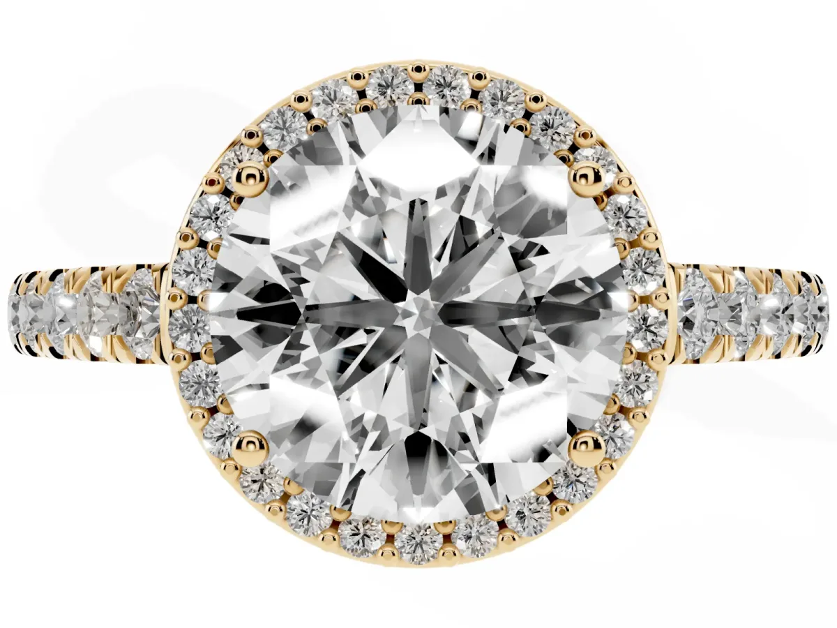 Round Cut Cut Halo Diamond Engagement Ring with Pave Band and Four-Prong Setting Yellow gold