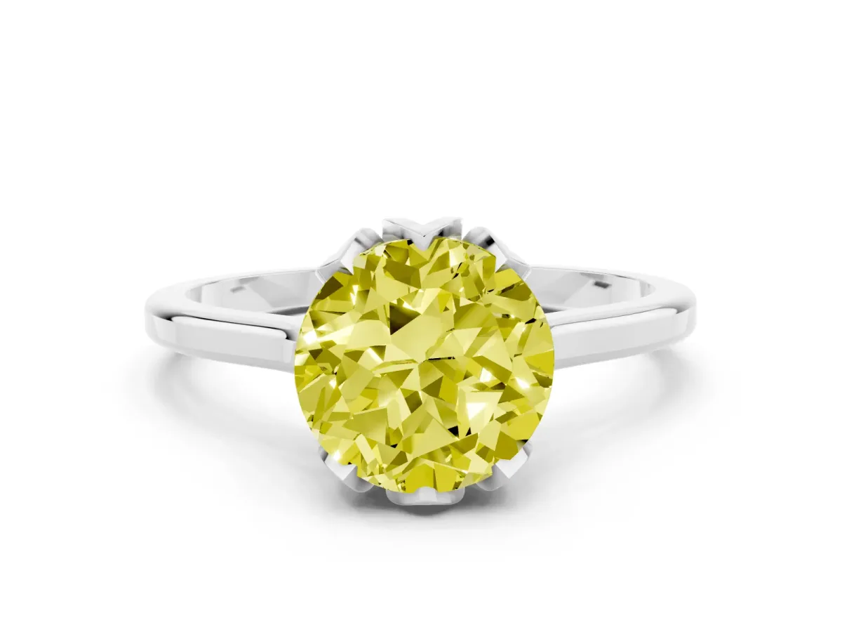 Fancy Yellow Round Cut Diamond Solitaire Ring with Flower Prong Setting and Classic Band Silver