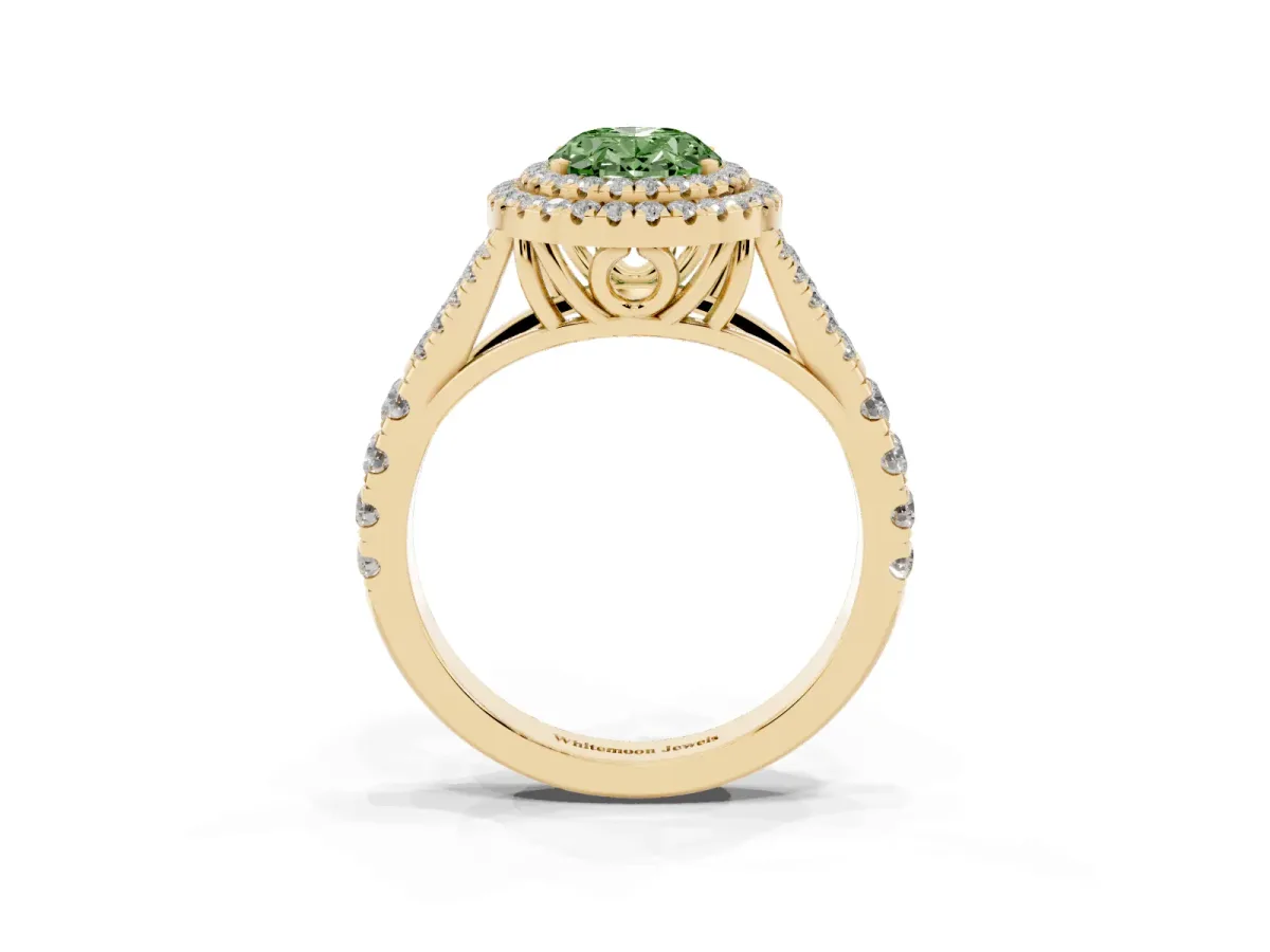 Fancy Green Double Halo Oval Cut Diamond Split Shank Engagement Ring with Four-Prong Setting Yellow gold