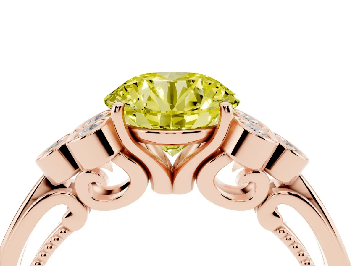 Fancy Yellow Round Cut Cut Diamond Engagement Ring with Bezel Set Round Side Stones and Prong Setting Rose gold