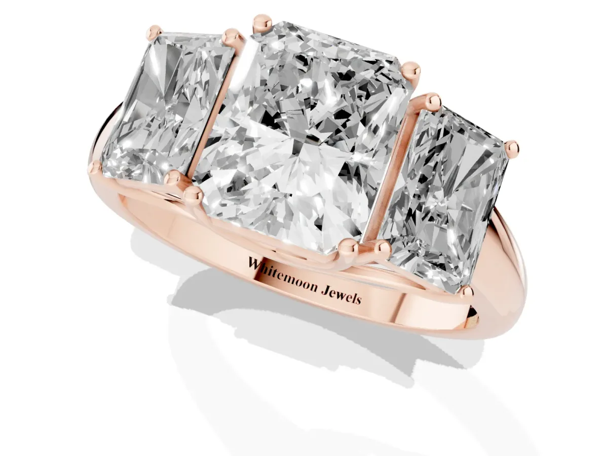Three-Stone Radiant Cut Diamond Engagement Ring with Prong Setting Rose gold