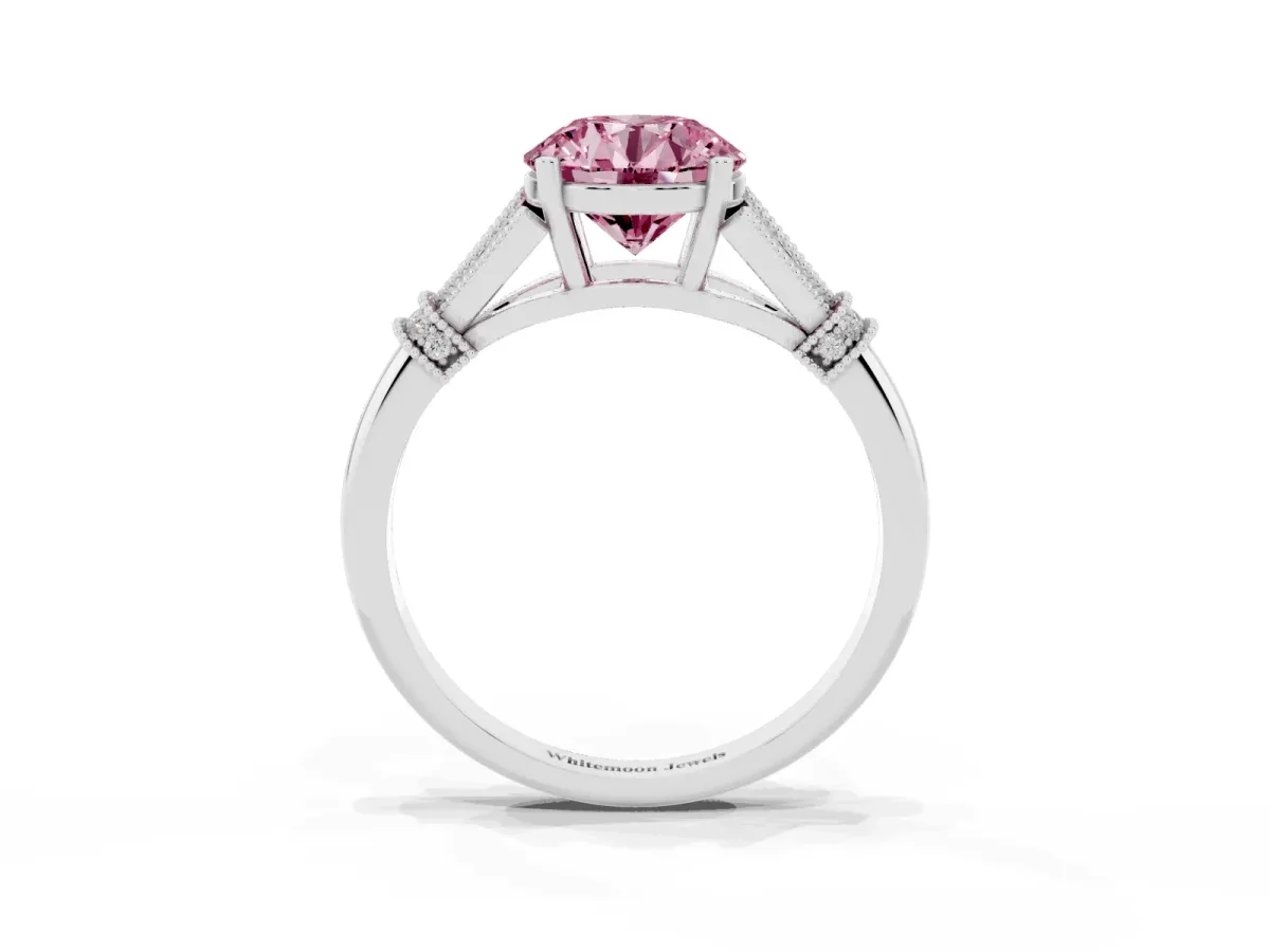 Fancy Pink Round Cut Diamond Solitaire Ring with Floral Filigree and Pave Accents White gold