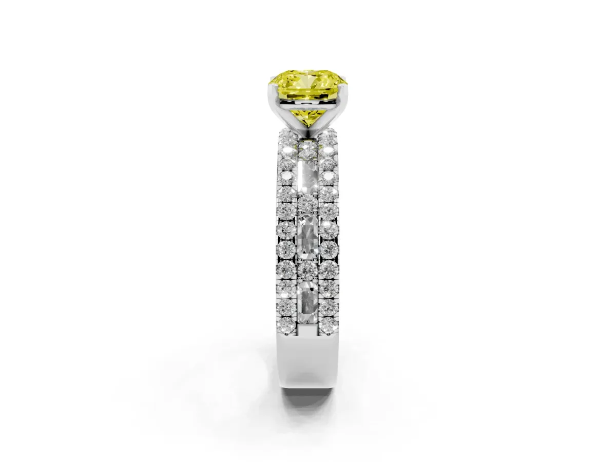 Fancy Yellow Cushion Cut Diamond Solitaire Ring with Pavé and Channel Set Band Platinum