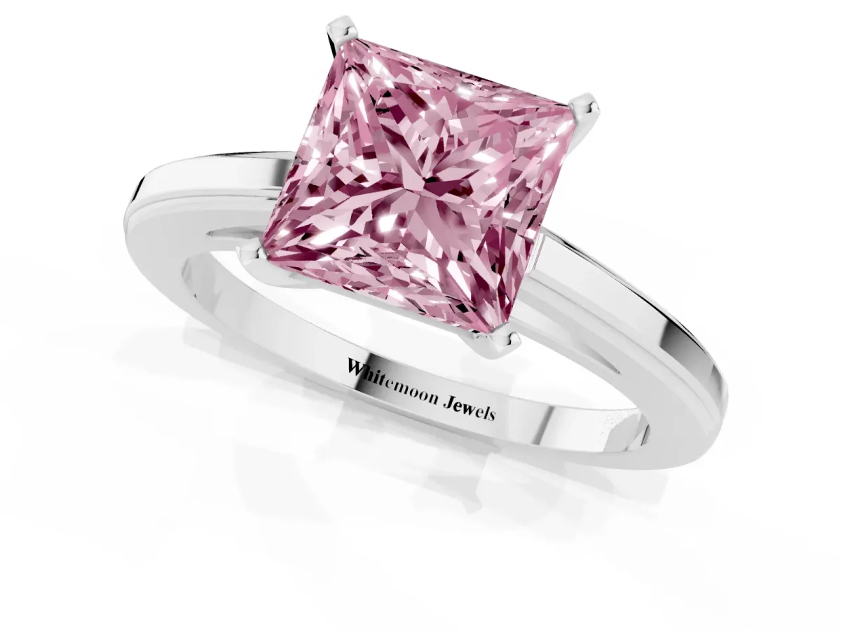 Fancy Pink Princess Cut Solitaire Diamond Ring with Four-Prong Setting and Classic Band Silver