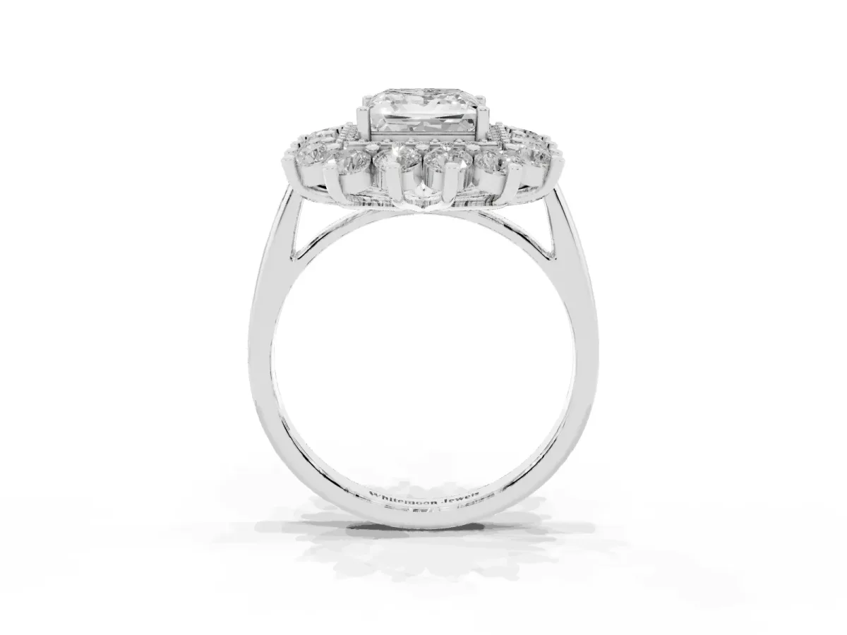 Princess Cut Diamond Floral Double Halo Engagement Ring with Prong Setting Silver