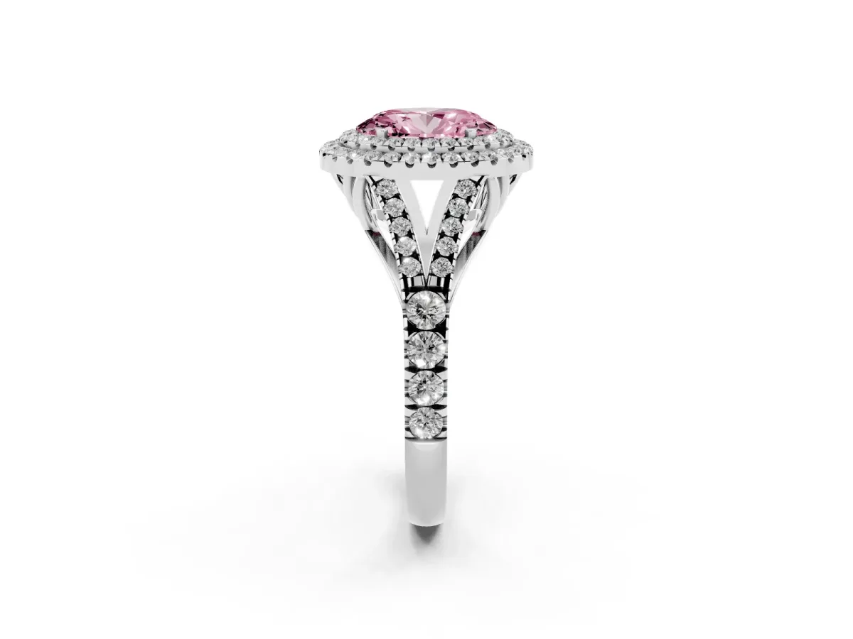 Fancy Pink Double Halo Oval Cut Diamond Split Shank Engagement Ring with Four-Prong Setting Silver