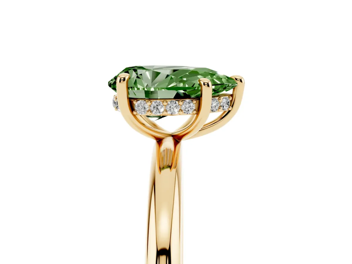 Fancy Green Pear Cut Diamond Solitaire Ring with Thin Band and Four-Prong Setting Yellow gold