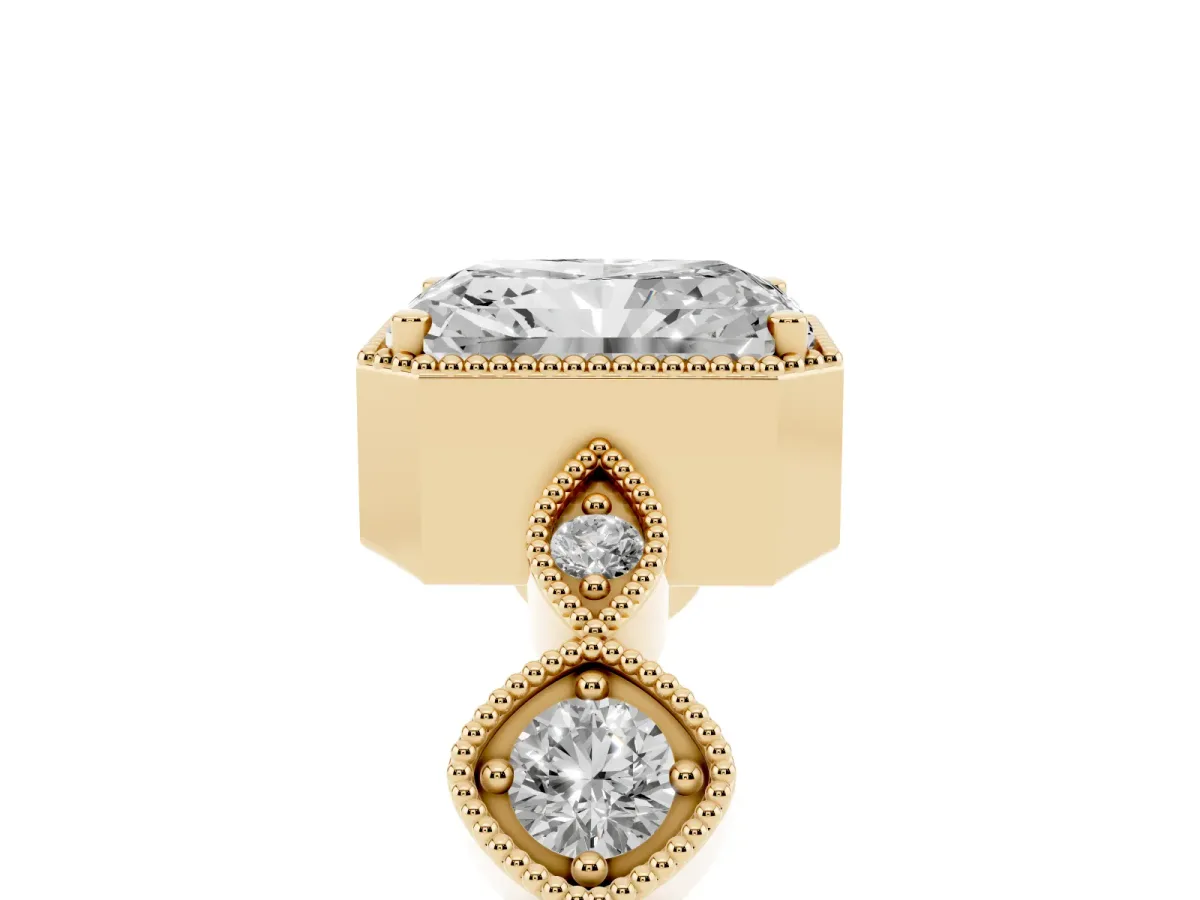 Radiant Cut Diamond Vintage Milgrain Ring with Round Stations Yellow gold