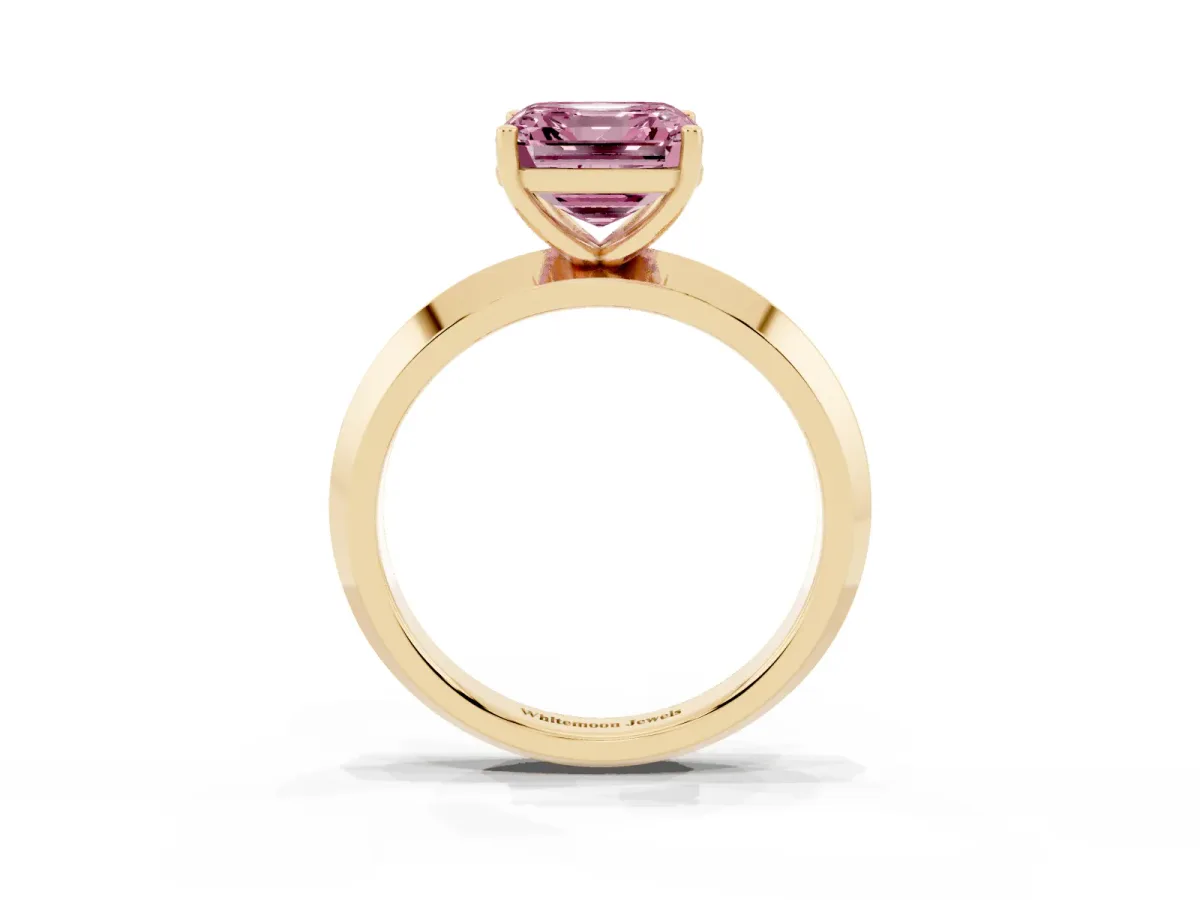 Fancy Pink Asscher Cut Cut Solitaire Engagement Ring with Flat Band and Four-Prong Setting Yellow gold