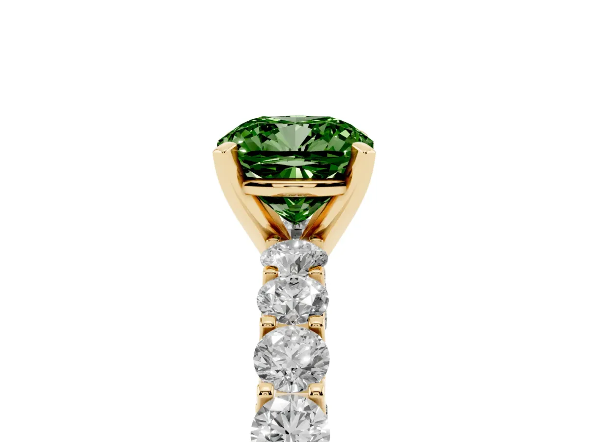 Fancy Green Cushion Cut Diamond Solitaire Ring with Shared Prong Pavé Band and Four-Prong Setting Yellow gold