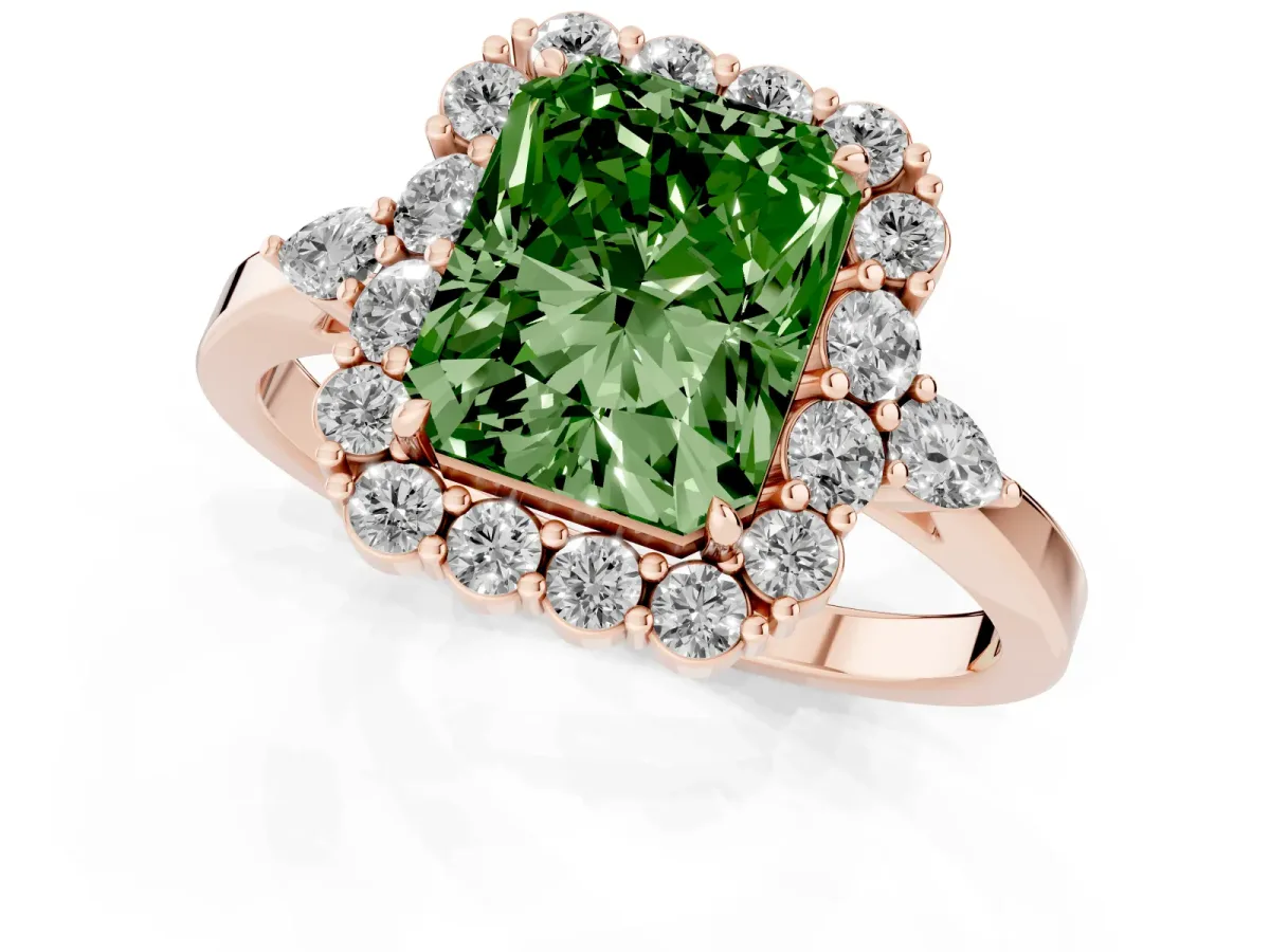 Fancy Green Radiant Cut Diamond Halo Ring with Pear Side Stones and Prong Setting Rose gold