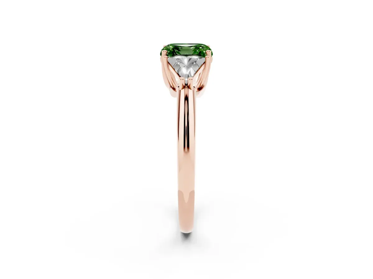 Fancy Green Three-Stone Asscher Cut Diamond Engagement Ring with Trillion Side Stones and Prong Setting Rose gold