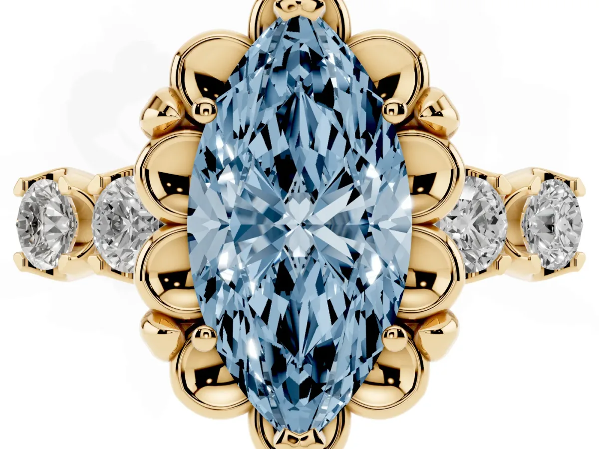 Fancy Blue Marquise Cut Cut Diamond Floral Halo Engagement Ring with Shared Prong Setting Yellow gold