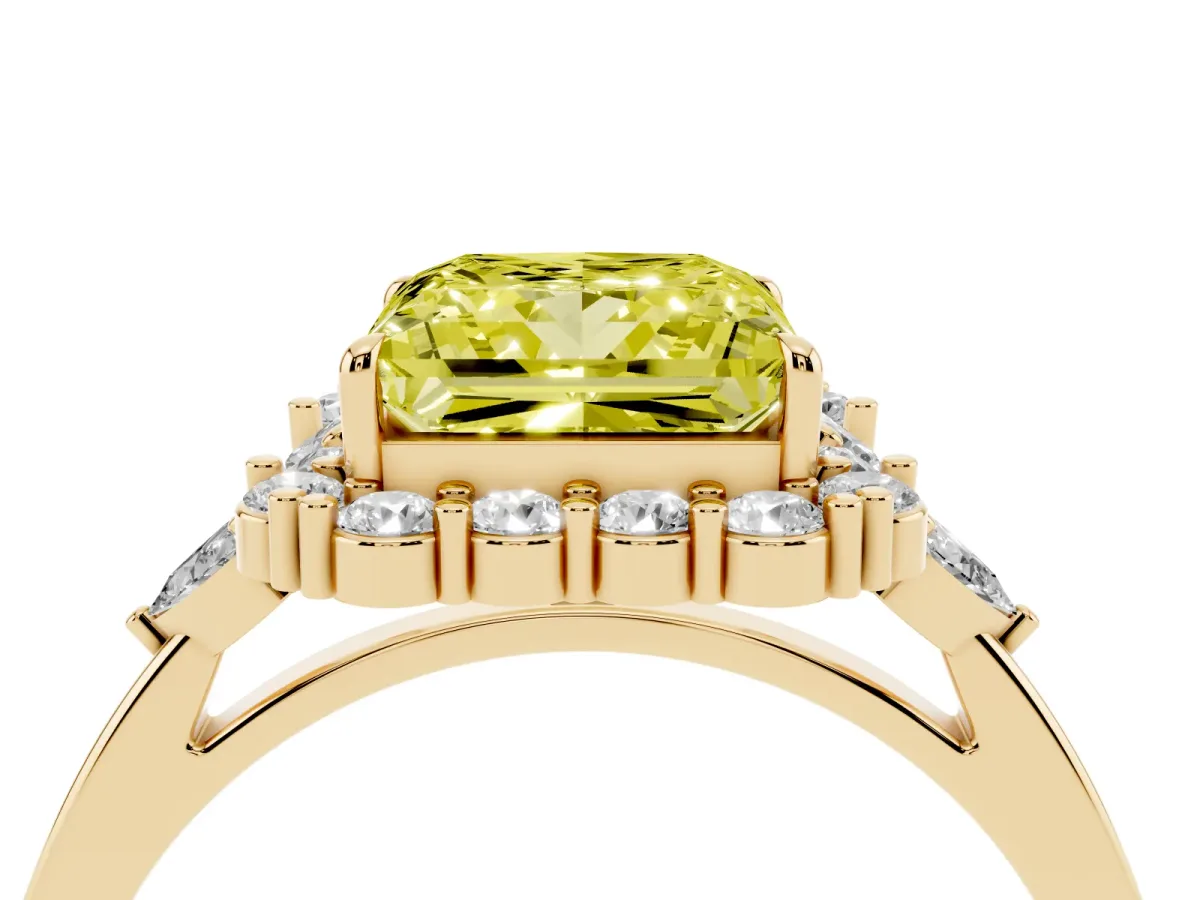 Fancy Yellow Princess Cut Diamond Halo Ring with Pear Side Stones and Prong Setting Yellow gold
