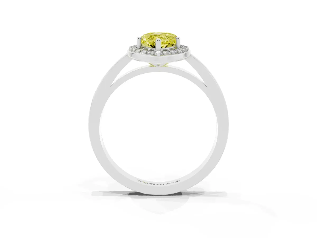 Fancy Yellow Pear Cut Halo Diamond Ring with Solitaire Band and Prong Setting Silver