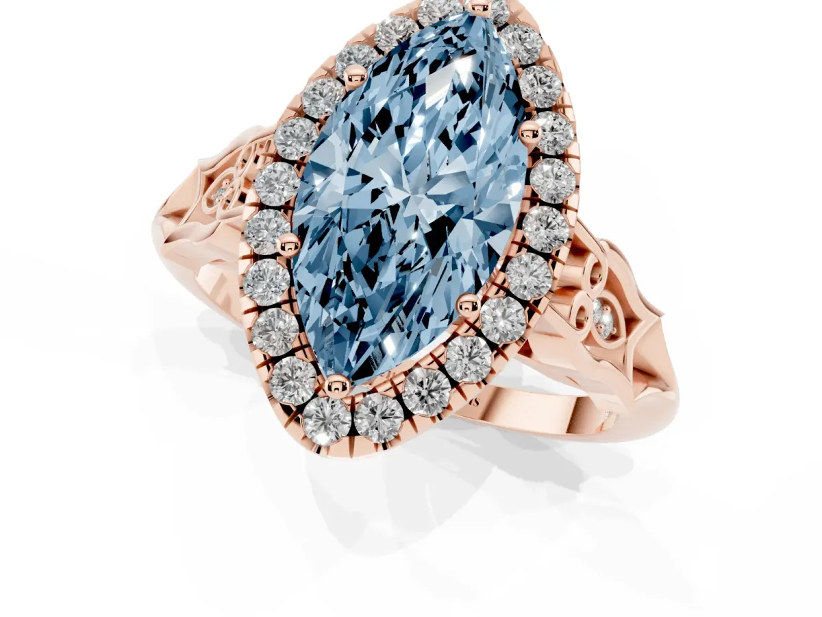 Fancy Blue Marquise Cut Halo Diamond Engagement Ring with Filigree Band and Four-Prong Setting Rose gold