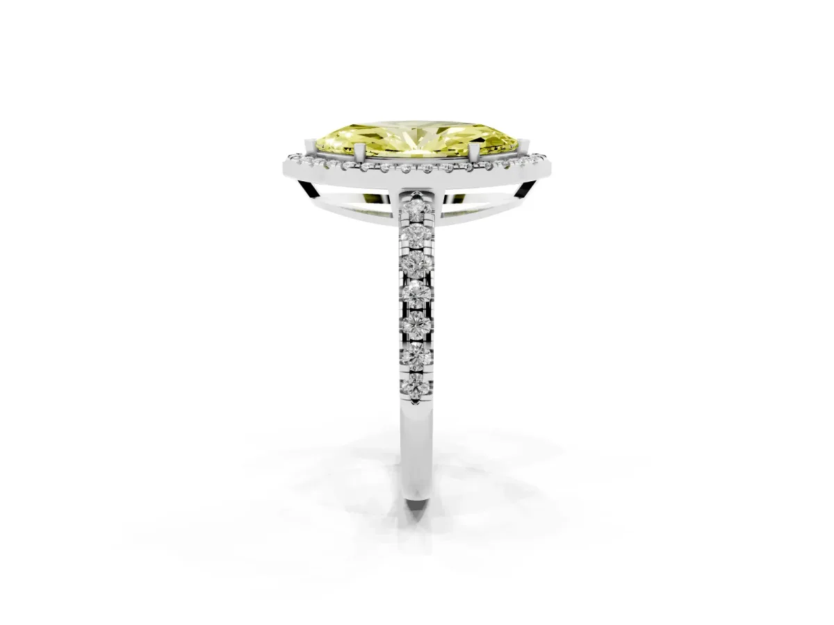 Fancy Yellow Marquise Cut Diamond Halo Ring with Pavé Band and Four-Prong Setting Platinum