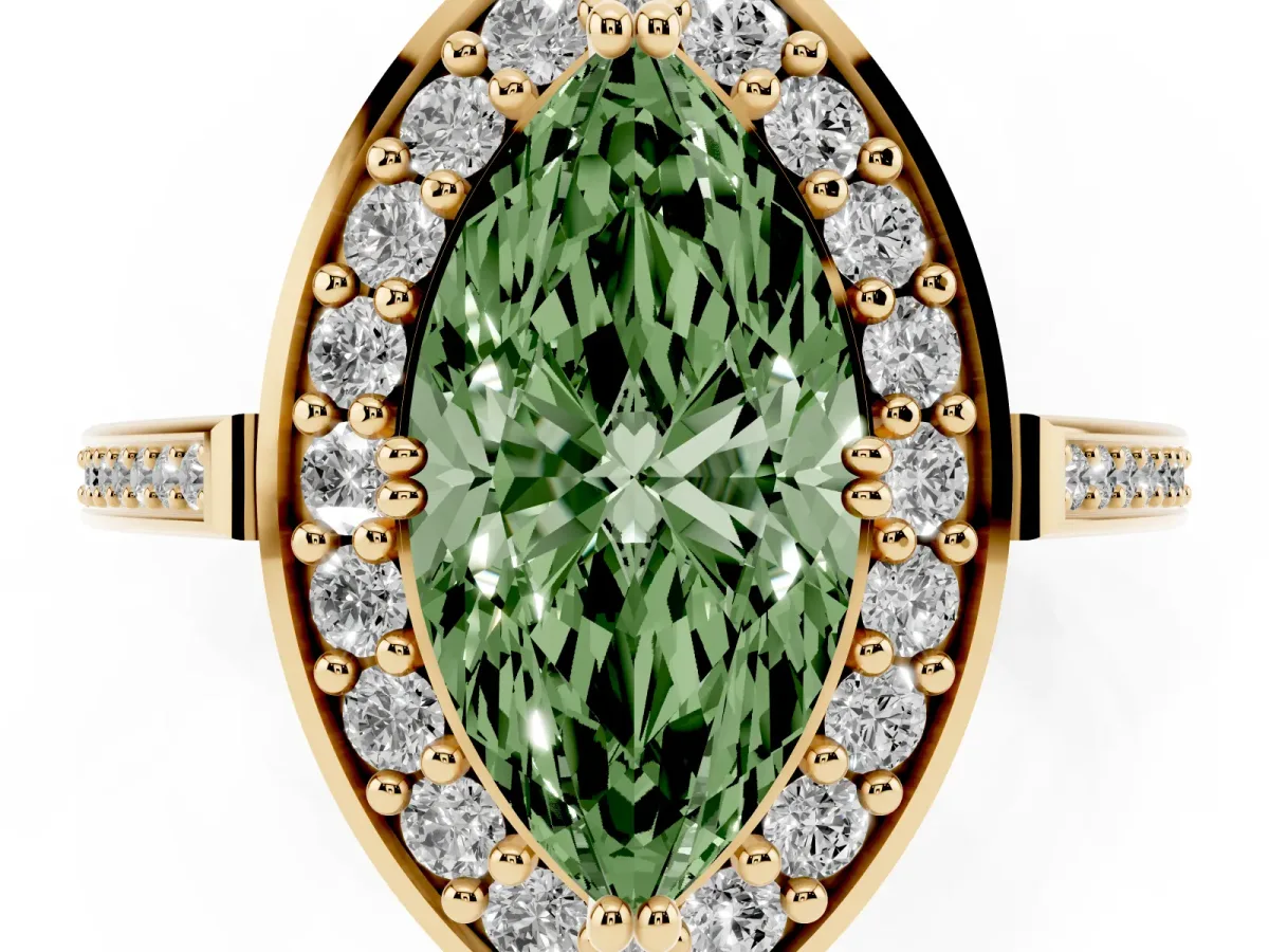 Fancy Green Marquise Cut Diamond Halo Ring with Split Shank and Four-Prong Setting Yellow gold
