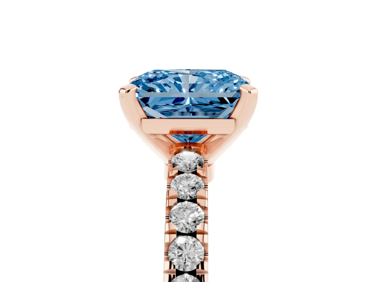 Fancy Blue Radiant Cut Solitaire Diamond with Pavé Band and Four-Prong Setting Rose gold