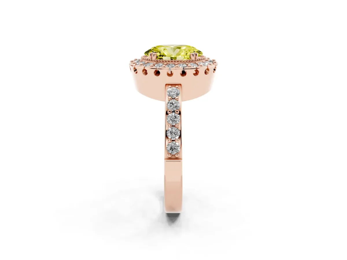 Fancy Yellow Oval Cut Diamond Halo Ring with Pavé Band and Prong Setting Rose gold