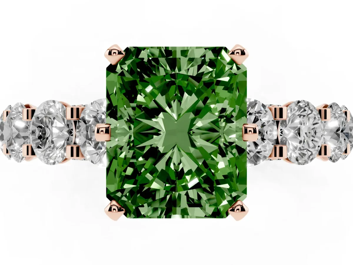 Fancy Green Radiant Cut Diamond Side Stone Engagement Ring with Four-Prong Setting Rose gold
